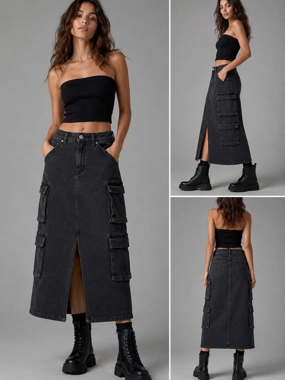 Wild Fable Black Denim Cargo Midi Skirt Y2K